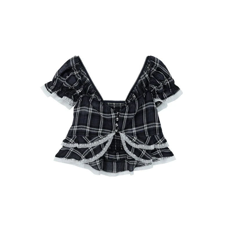 Plaid Lace-Trim Corset Top