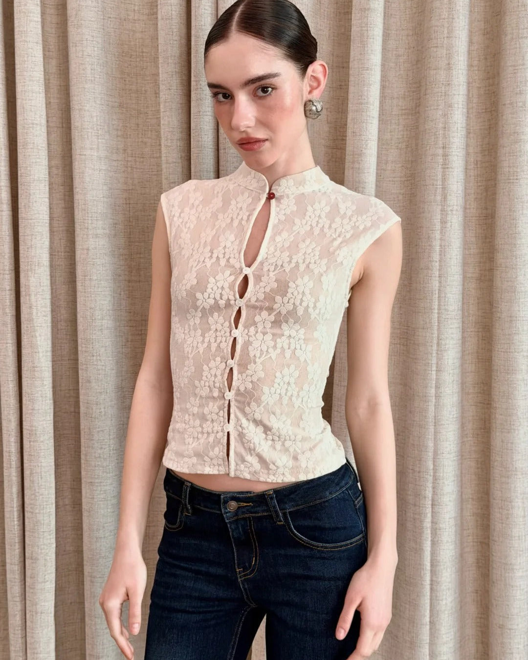 Pynki Swear | Flora Lace Mandarin Collar Top