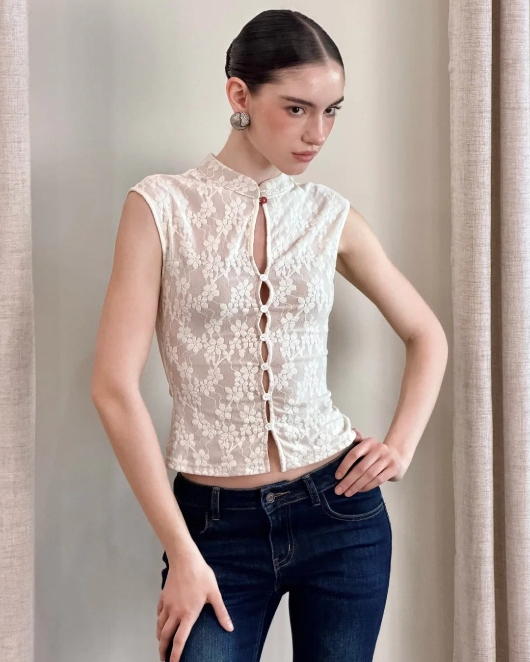 Pynki Swear | Flora Lace Mandarin Collar Top