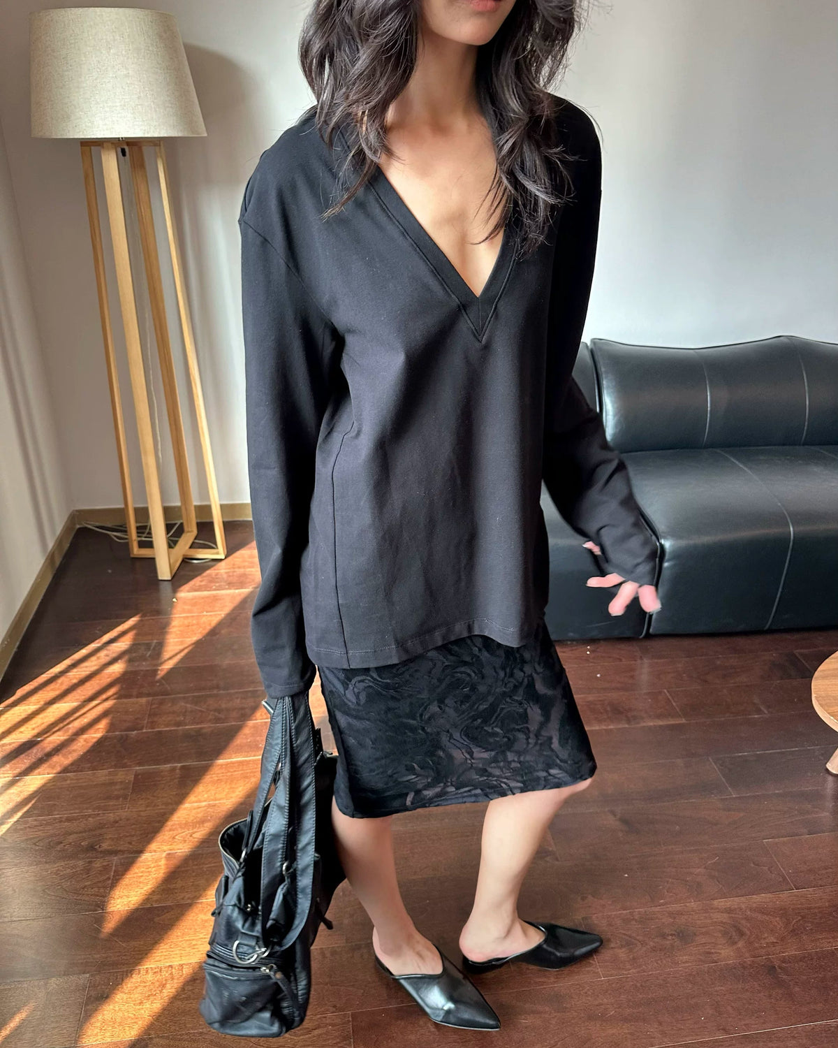 Relaxed Deep V-Neck Long Sleeve Tee