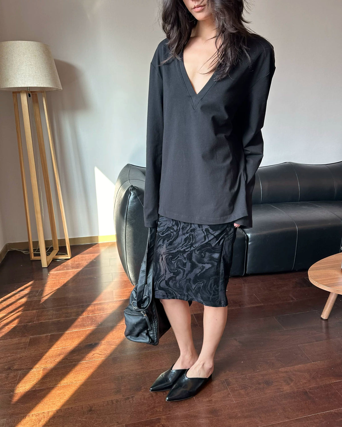 Relaxed Deep V-Neck Long Sleeve Tee