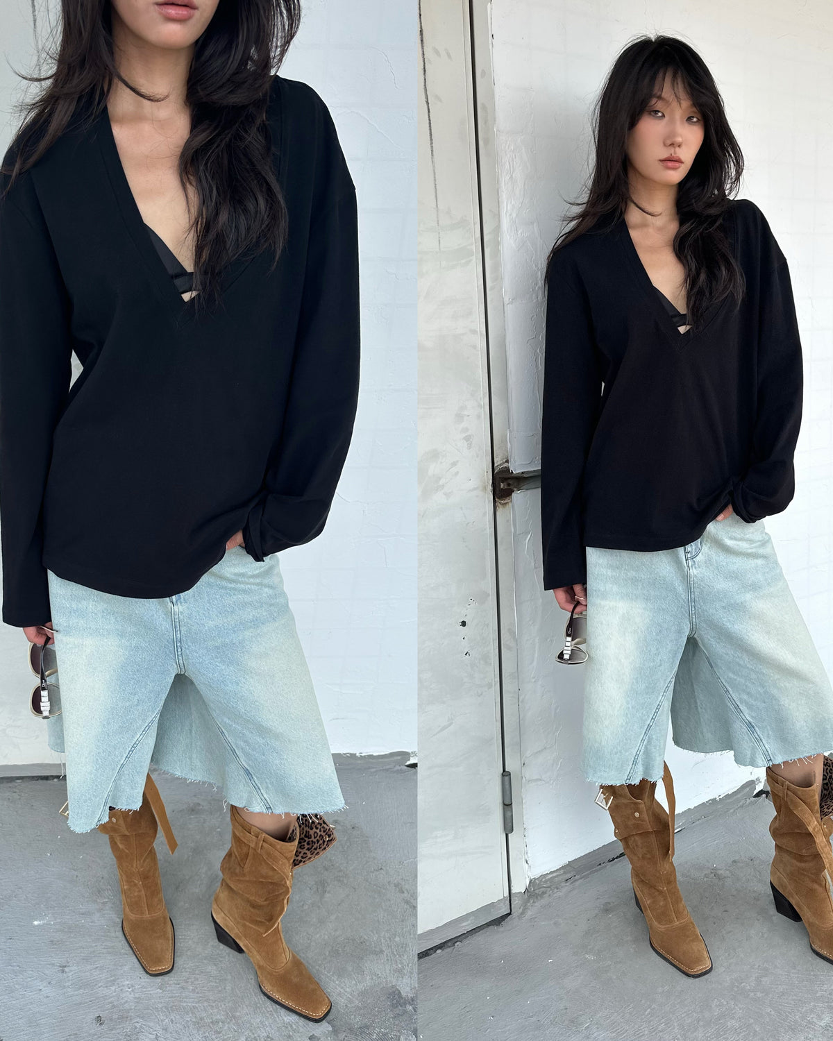 Relaxed Deep V-Neck Long Sleeve Tee