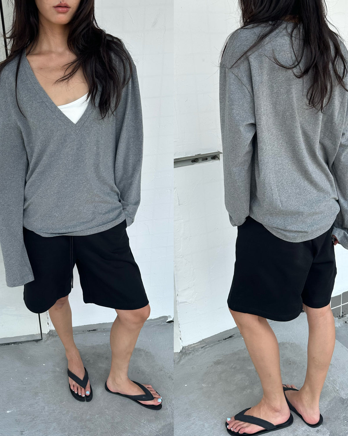 Relaxed Deep V-Neck Long Sleeve Tee
