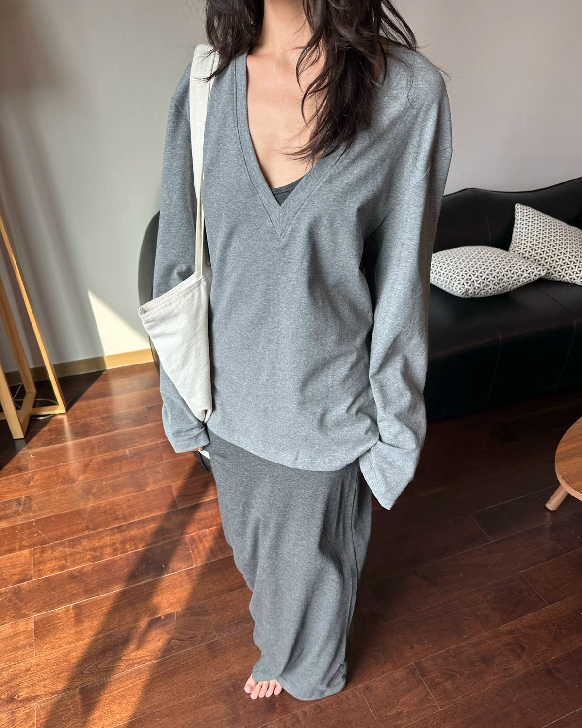 Relaxed Deep V-Neck Long Sleeve Tee