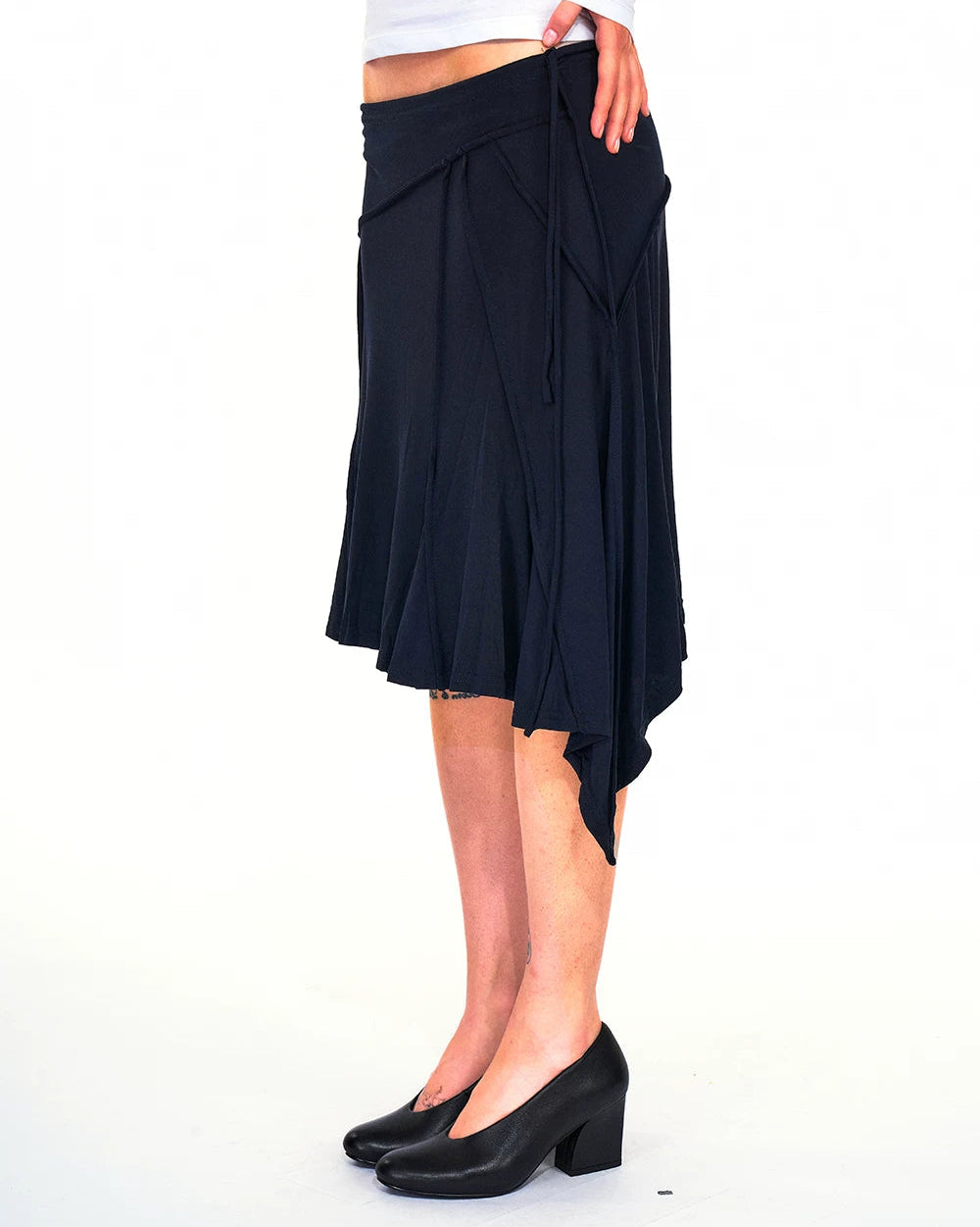 Restless Elegance Asymmetric Low Rise Midi Skirt
