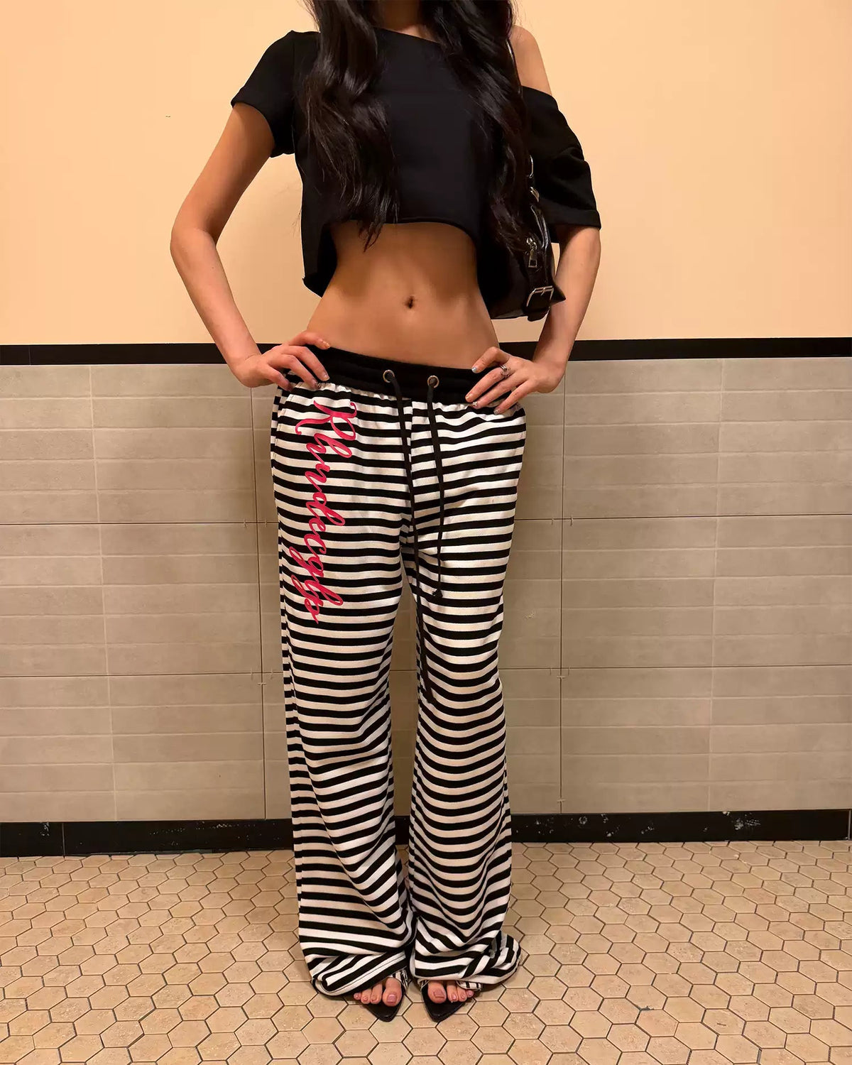 Retro Sequin Stripe Low-Rise Wide-Leg Sweatpants