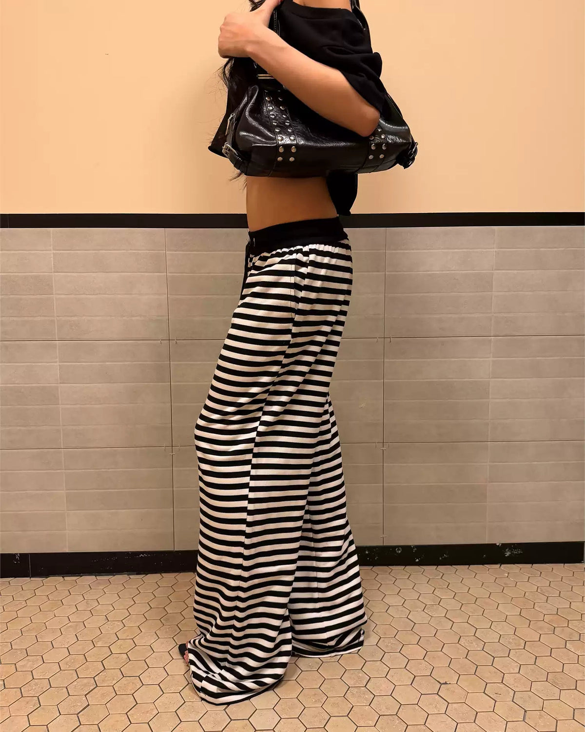 Retro Sequin Stripe Low-Rise Wide-Leg Sweatpants