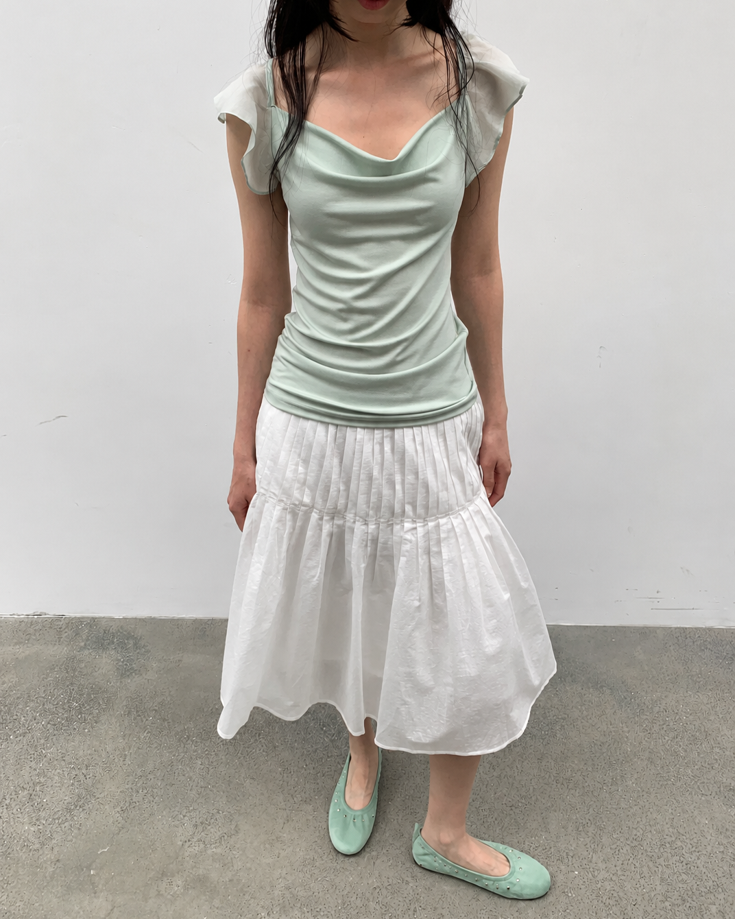 Ruffle Cowl Neck Fitted Top