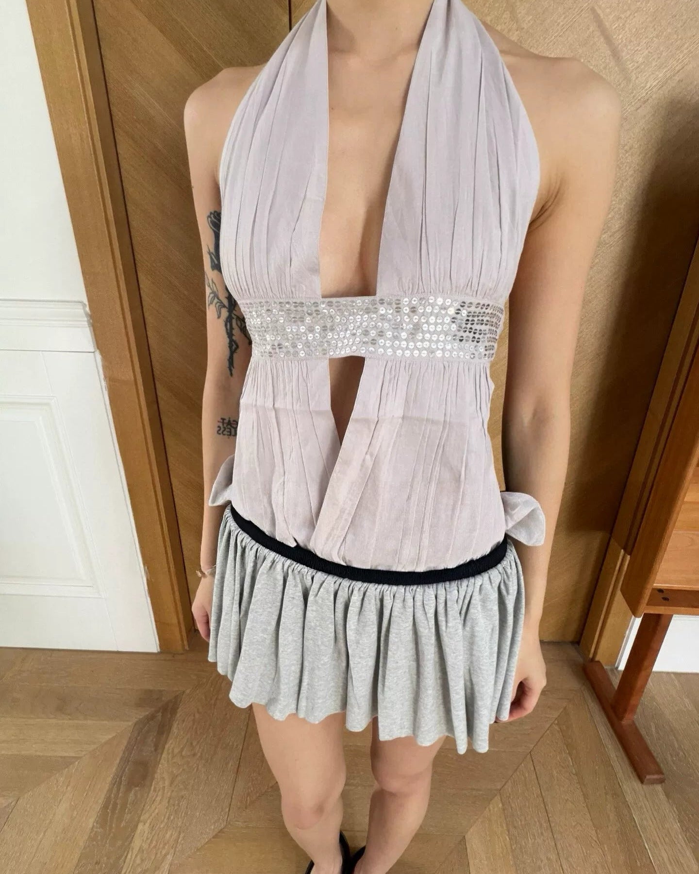 Elle | Sequin Halter Open-Back Top-Smoky Lilac