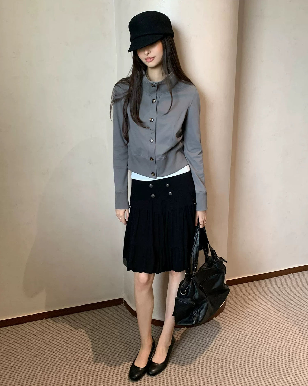Slate Grey Sculpted Stand Collar Jacket