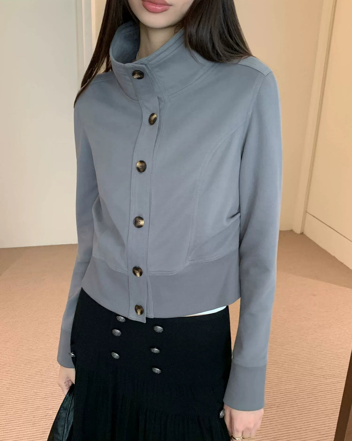 Slate Grey Sculpted Stand Collar Jacket