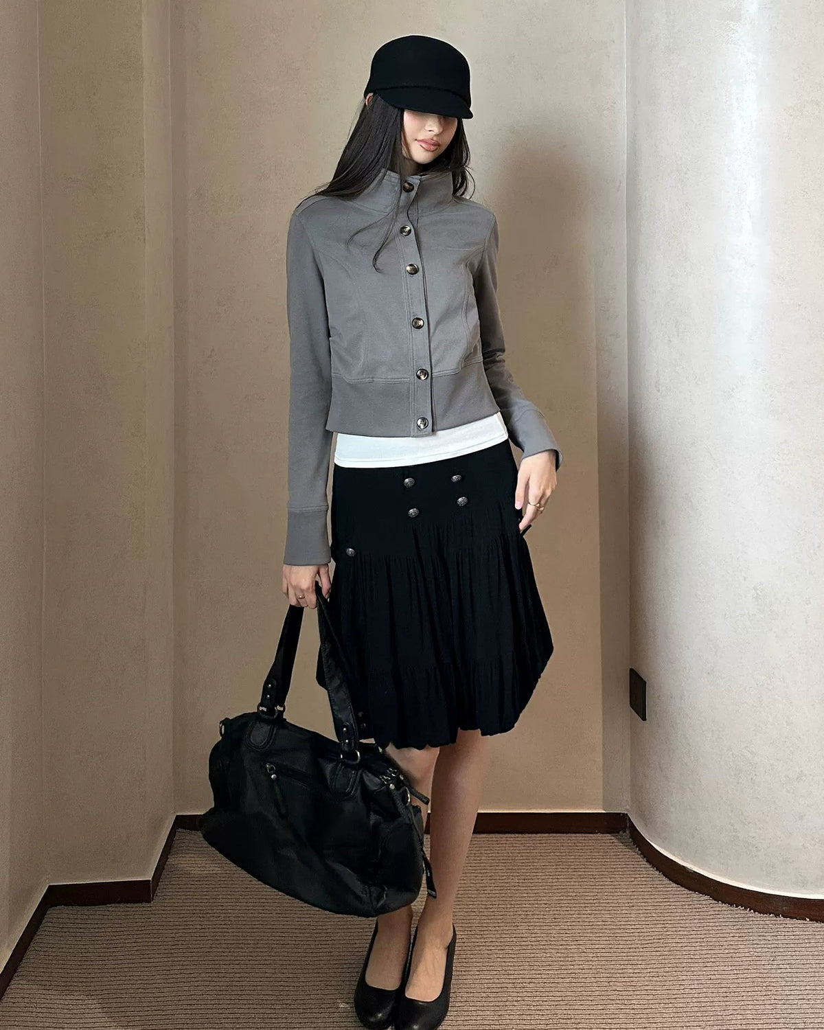 Slate Grey Sculpted Stand Collar Jacket