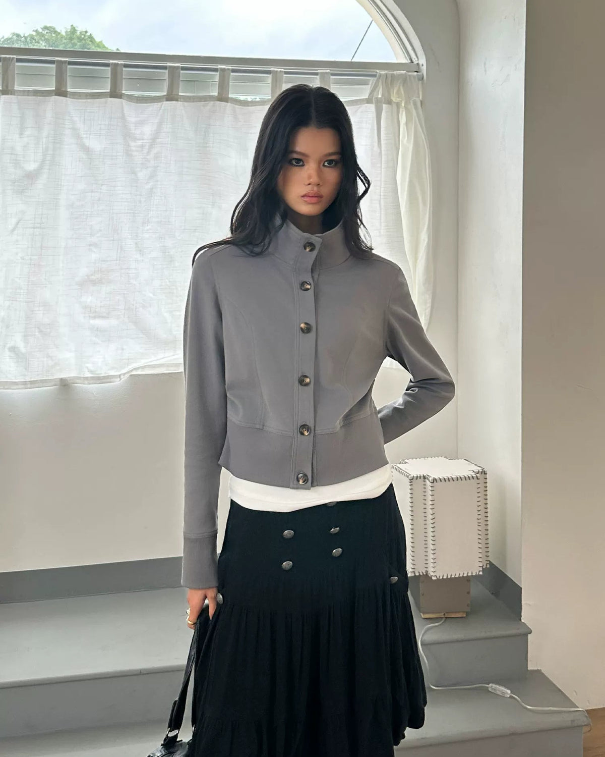 Slate Grey Sculpted Stand Collar Jacket
