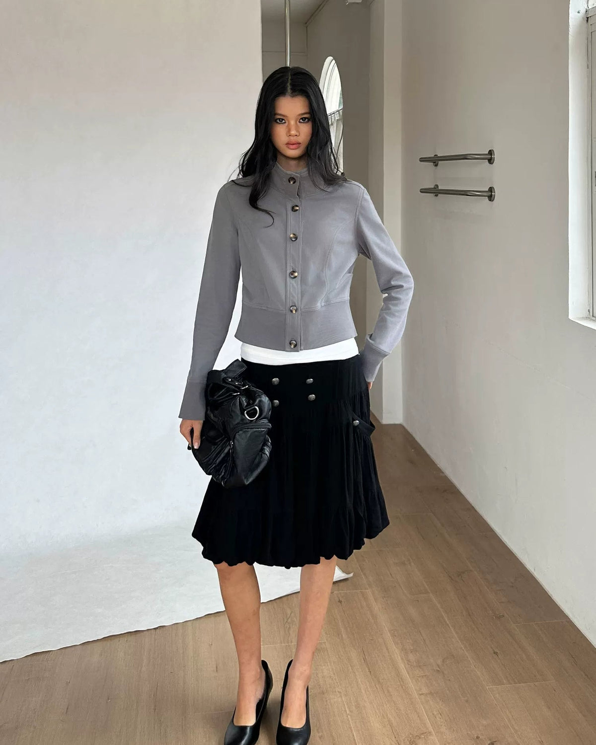 Slate Grey Sculpted Stand Collar Jacket