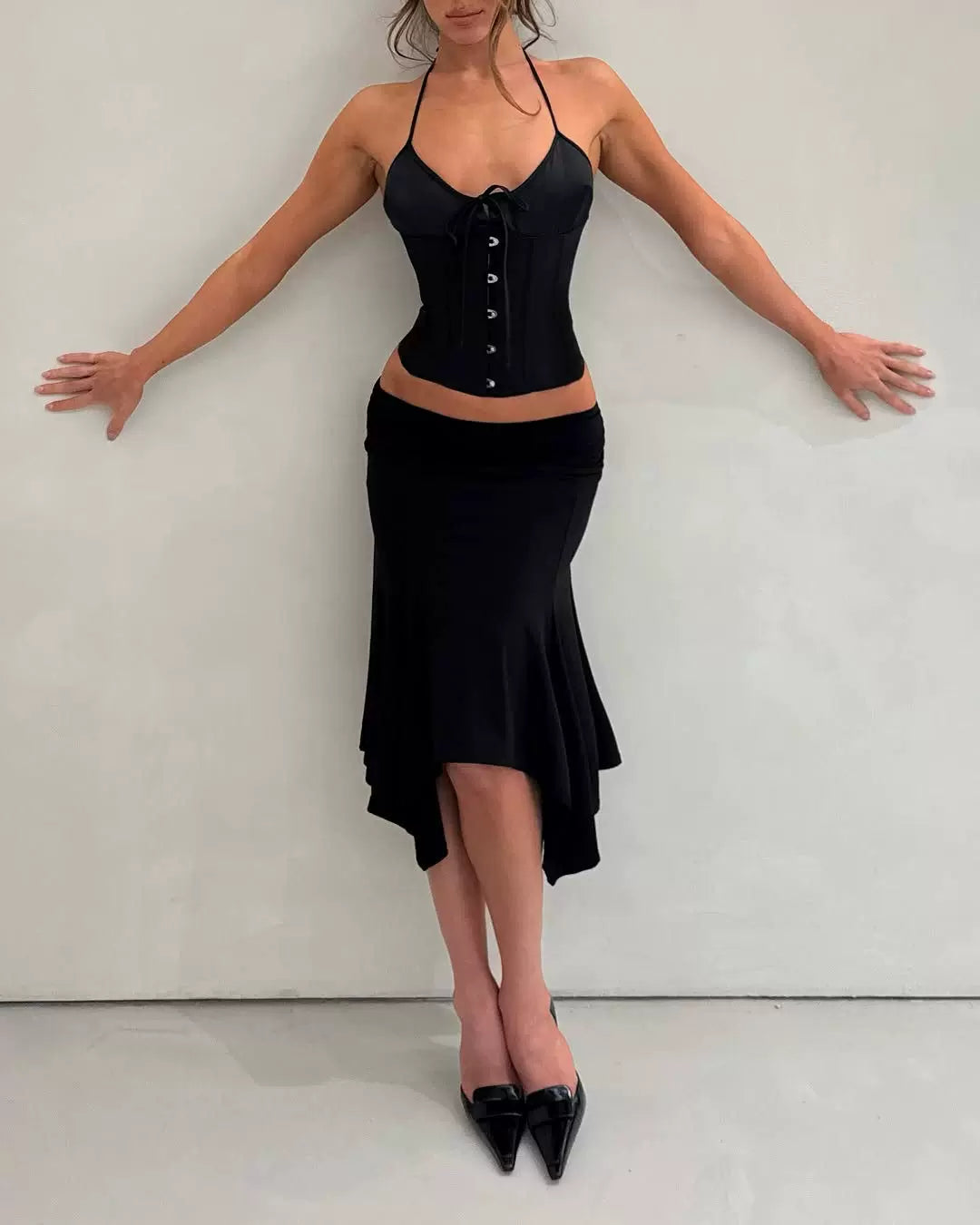 Elle | Soffiano Low-Rise Ruched Asymmetric Skirt