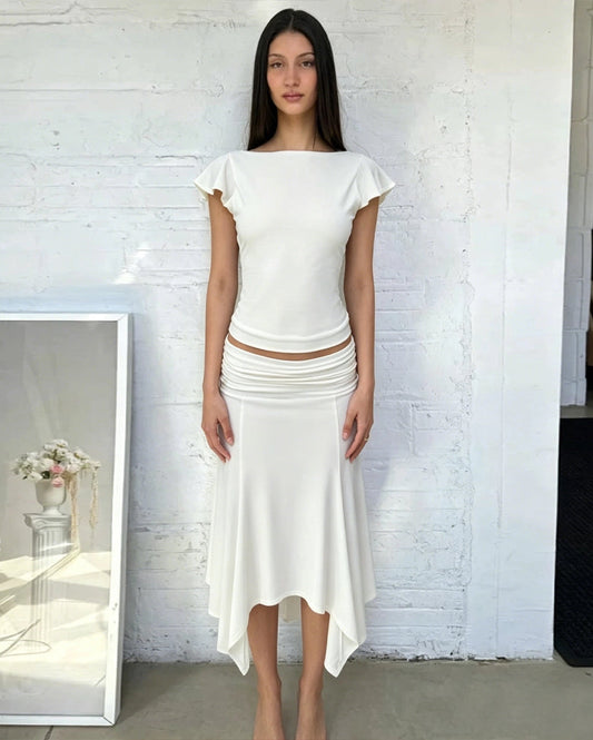 Elle | Soffiano Low-Rise Ruched Asymmetric Skirt