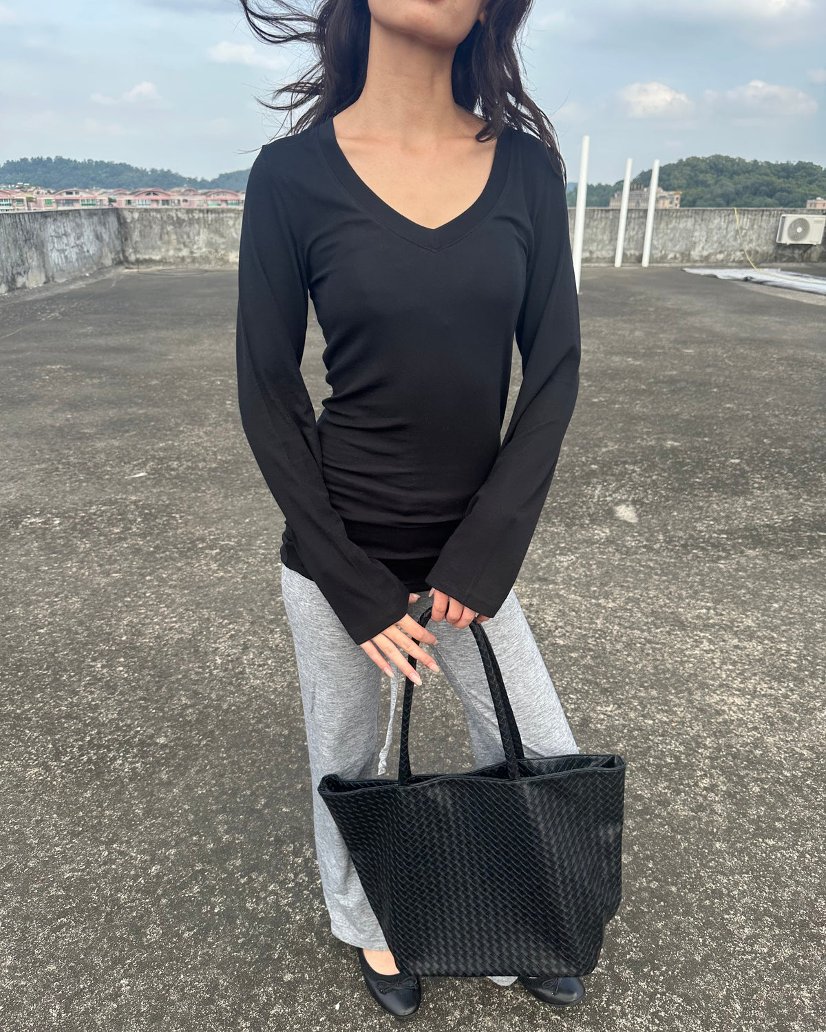 Soft Layer V-Neck Tencel Wool Long Sleeve Top