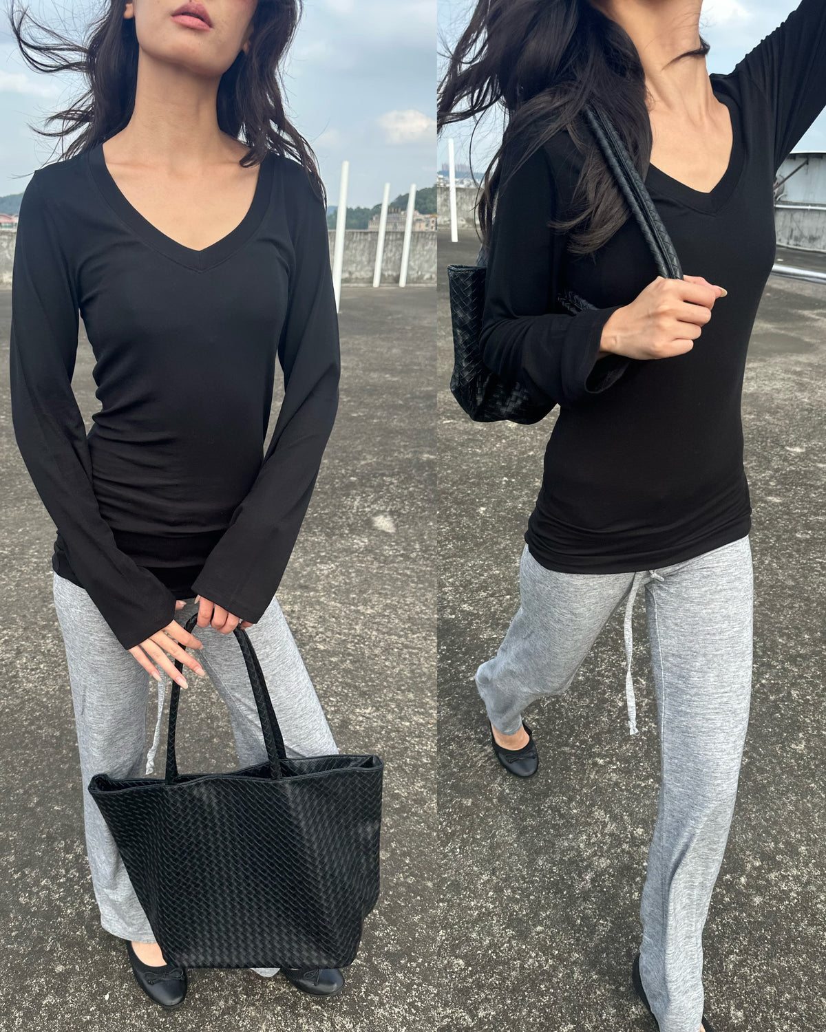 Soft Layer V-Neck Tencel Wool Long Sleeve Top