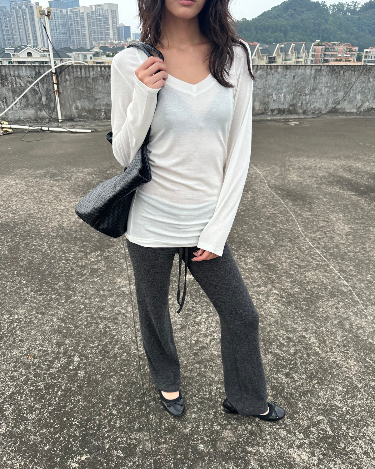 Soft Layer V-Neck Tencel Wool Long Sleeve Top