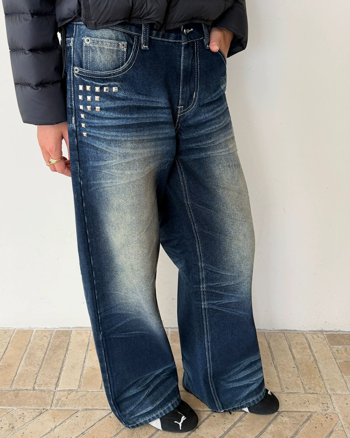 Studded Cross Vintage Wash Wide-Leg Jeans