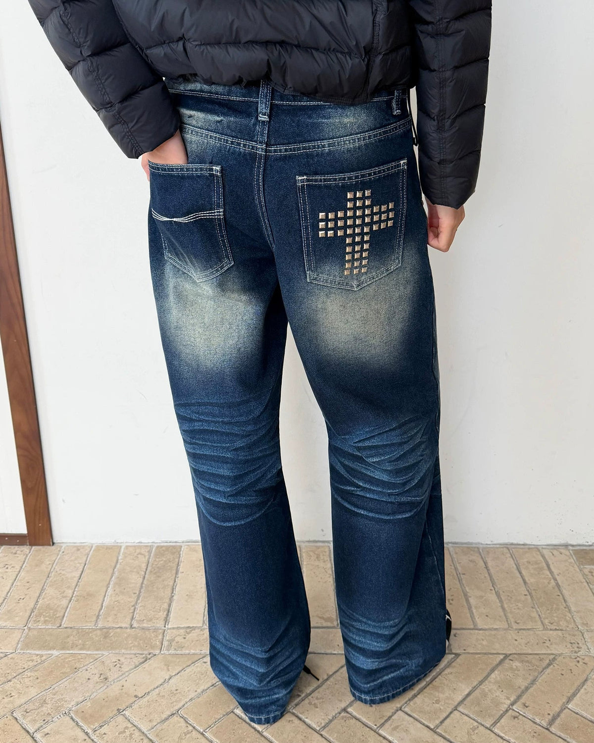 Studded Cross Vintage Wash Wide-Leg Jeans