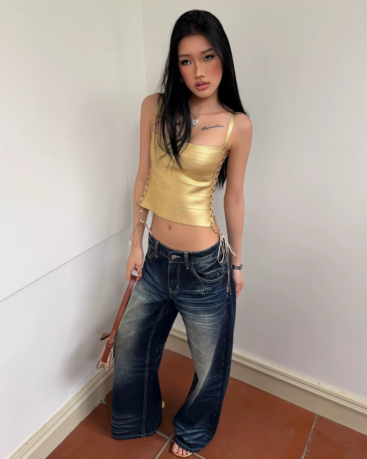 Studded Cross Vintage Wash Wide-Leg Jeans