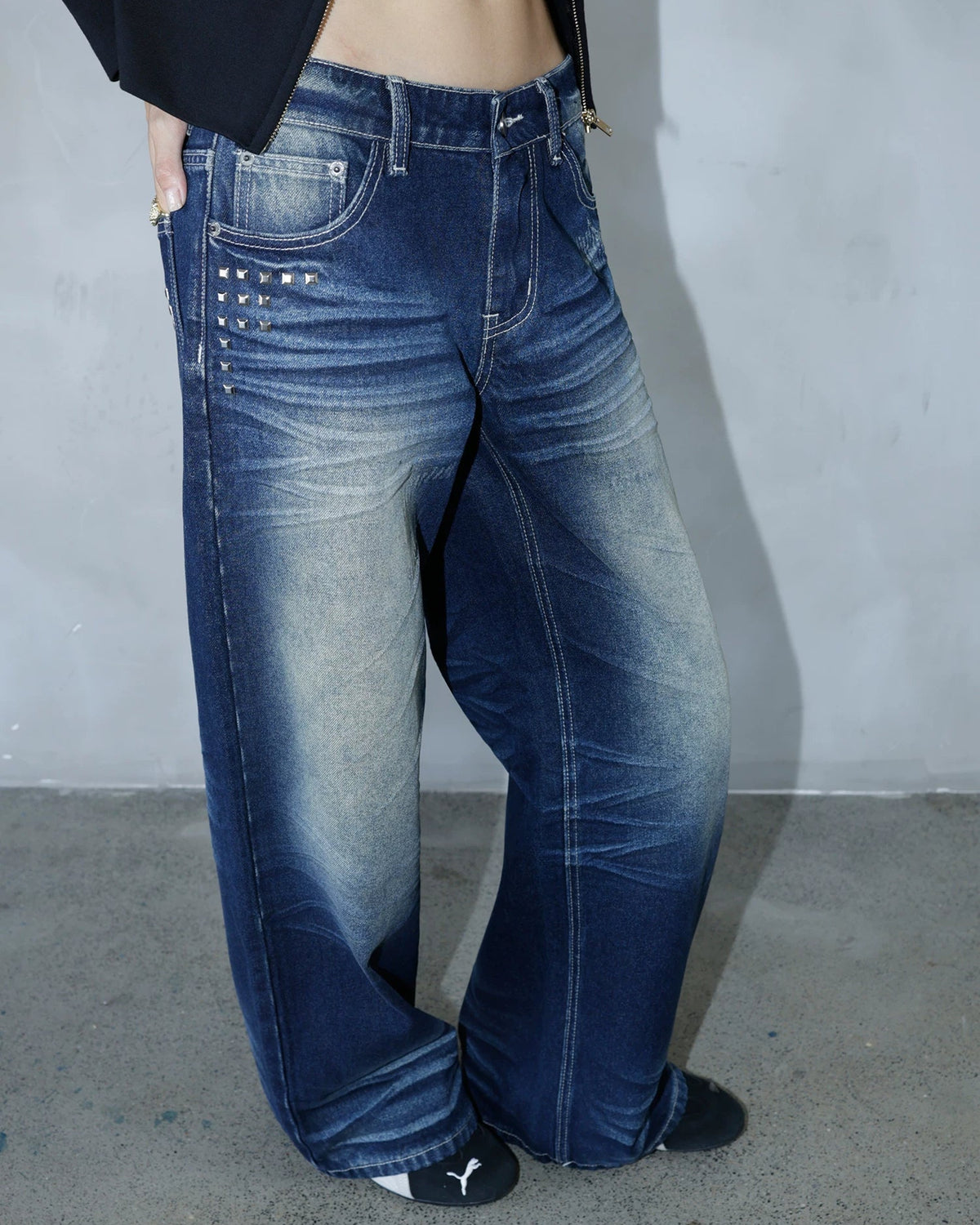 Studded Cross Vintage Wash Wide-Leg Jeans