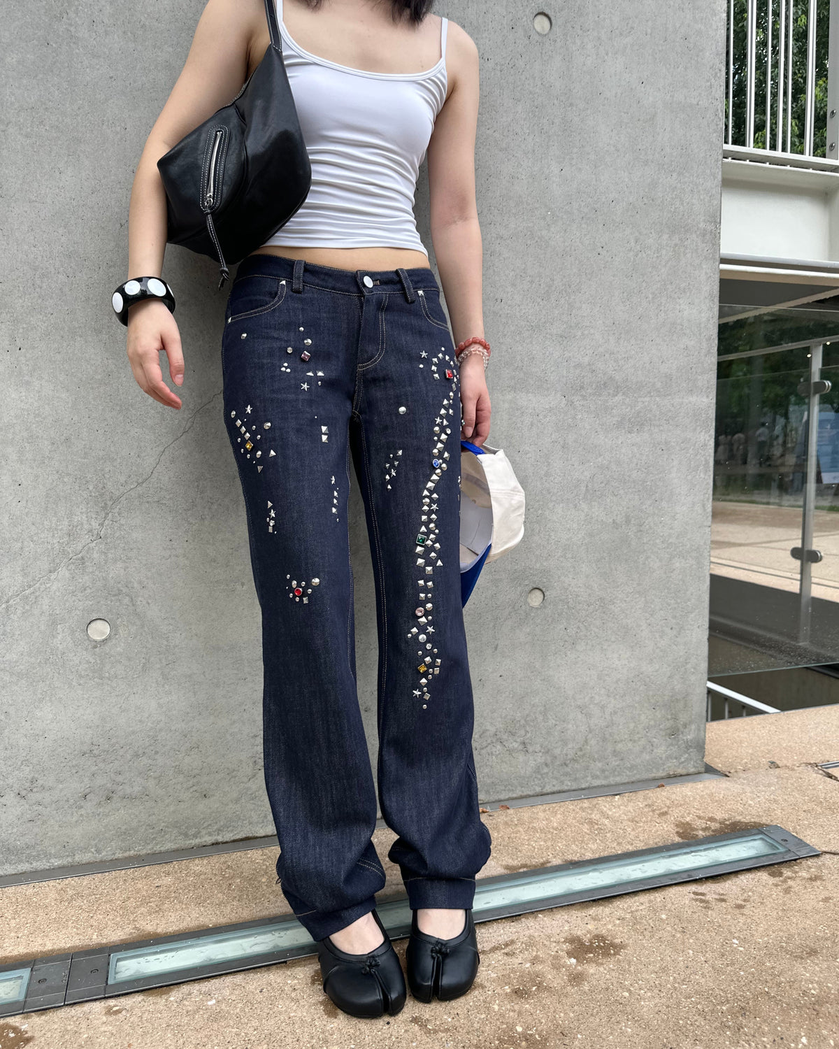 Studded Raw Denim Straight Leg Jeans