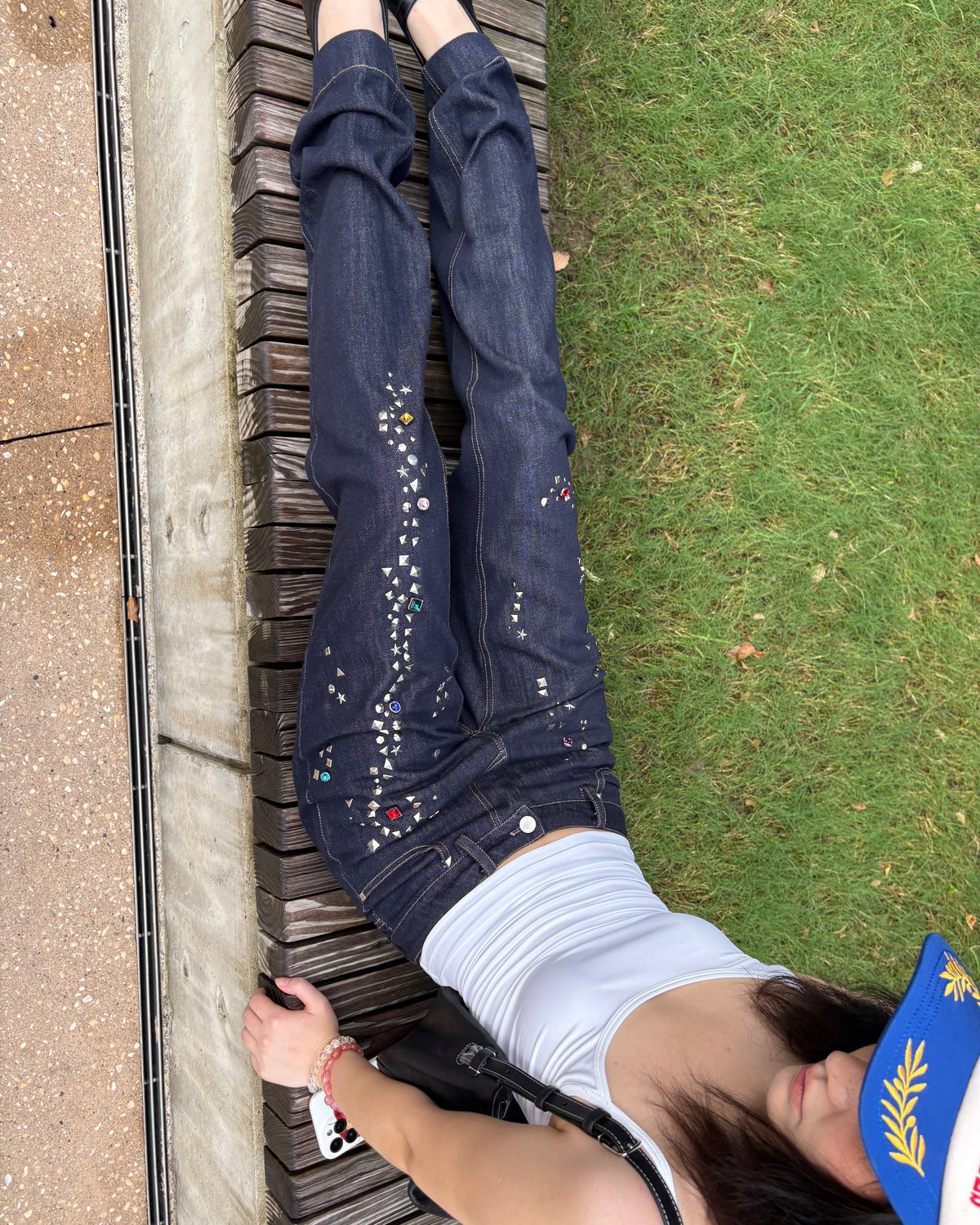 Studded Raw Denim Straight Leg Jeans