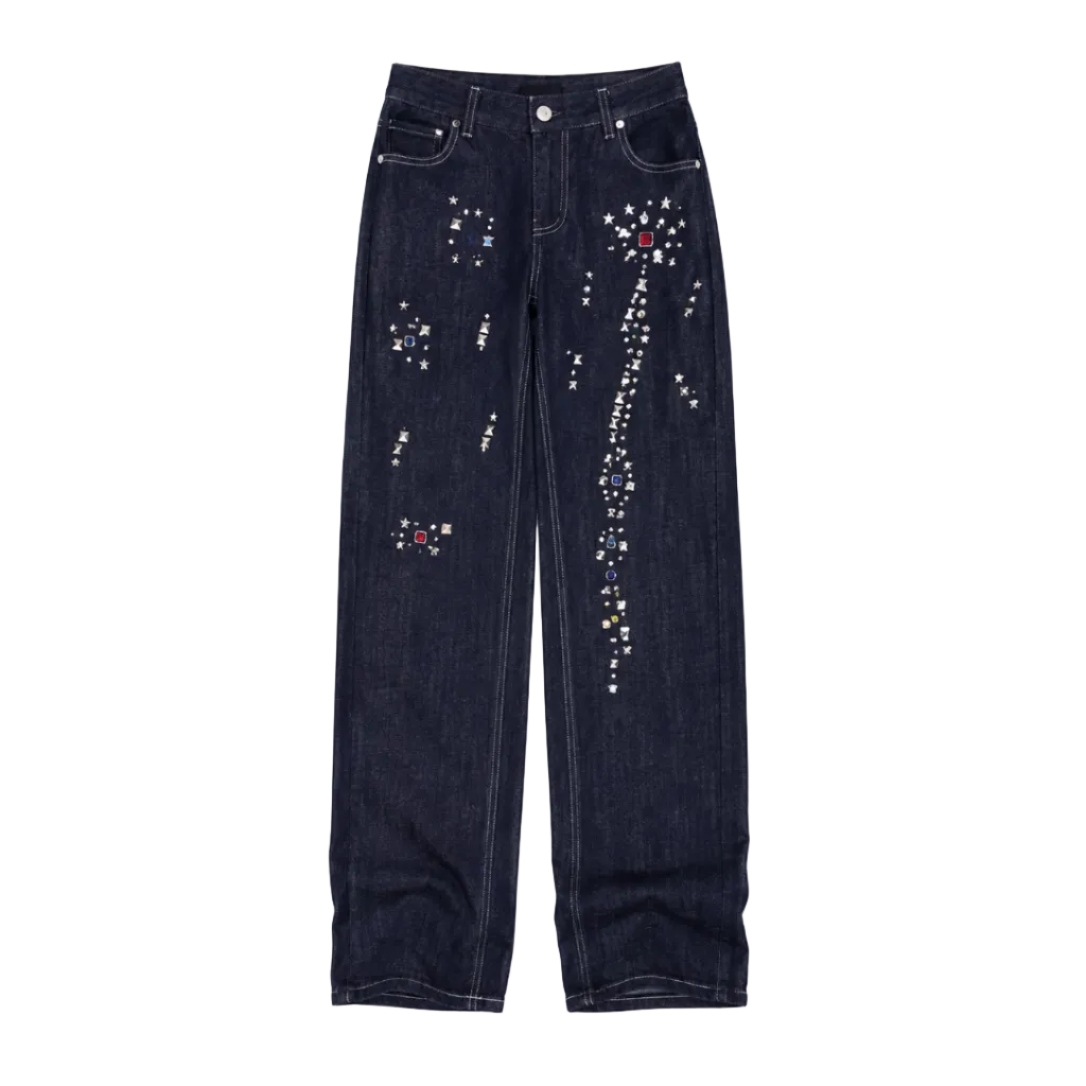 Studded Raw Denim Straight Leg Jeans