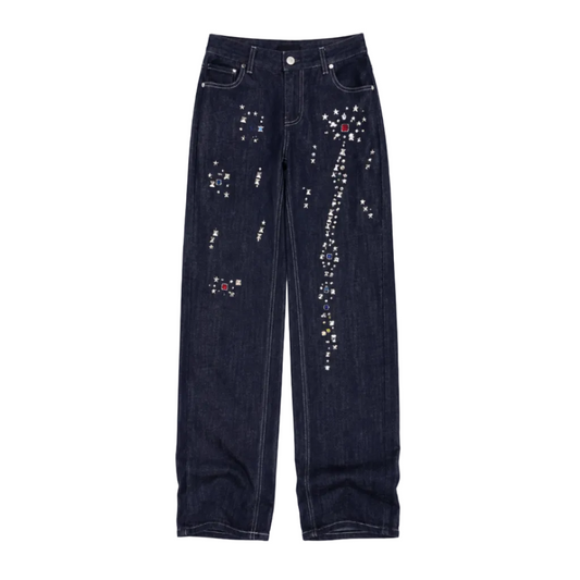 Studded Raw Denim Straight Leg Jeans