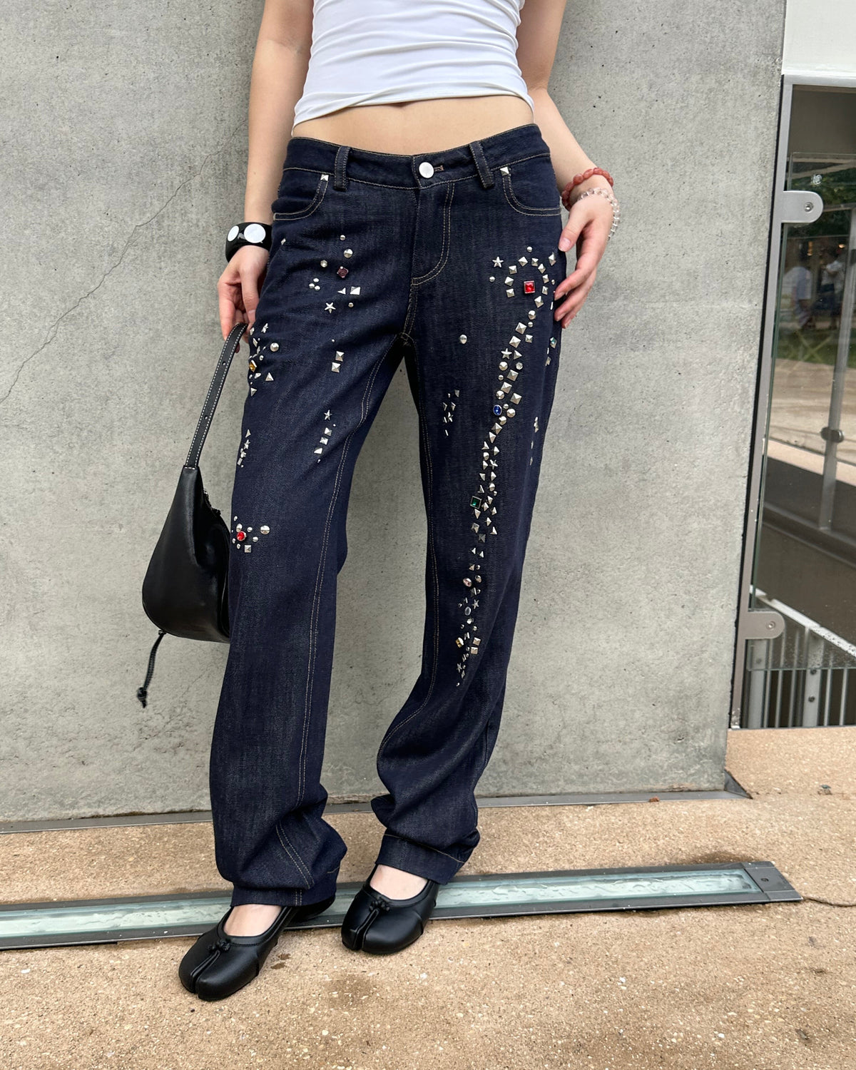 Studded Raw Denim Straight Leg Jeans