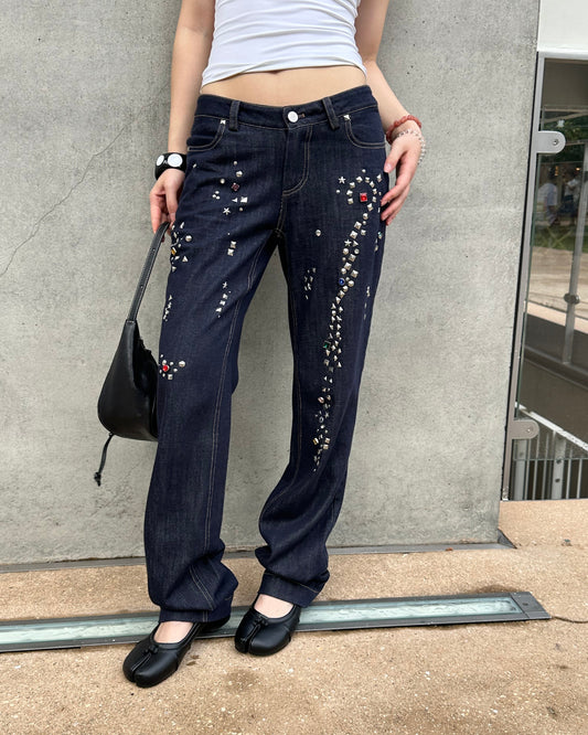 Studded Raw Denim Straight Leg Jeans