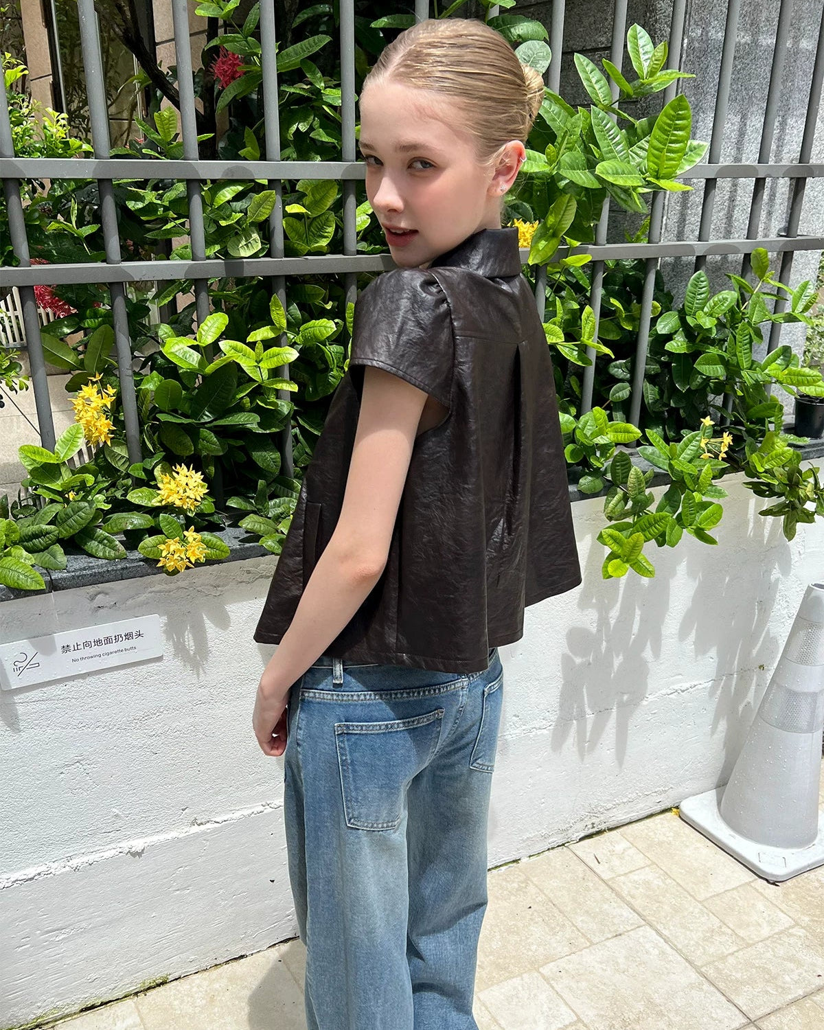 Elle | Vintage Brown PU Leather Puff Sleeve Jacket