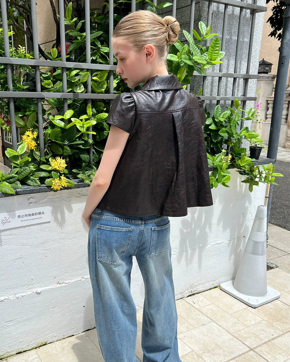 Elle | Vintage Brown PU Leather Puff Sleeve Jacket