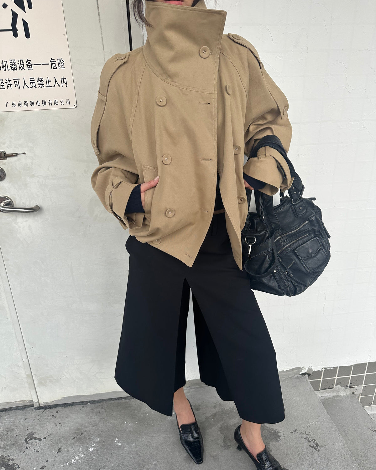 Vintage High-Neck Cropped Trench Jacket