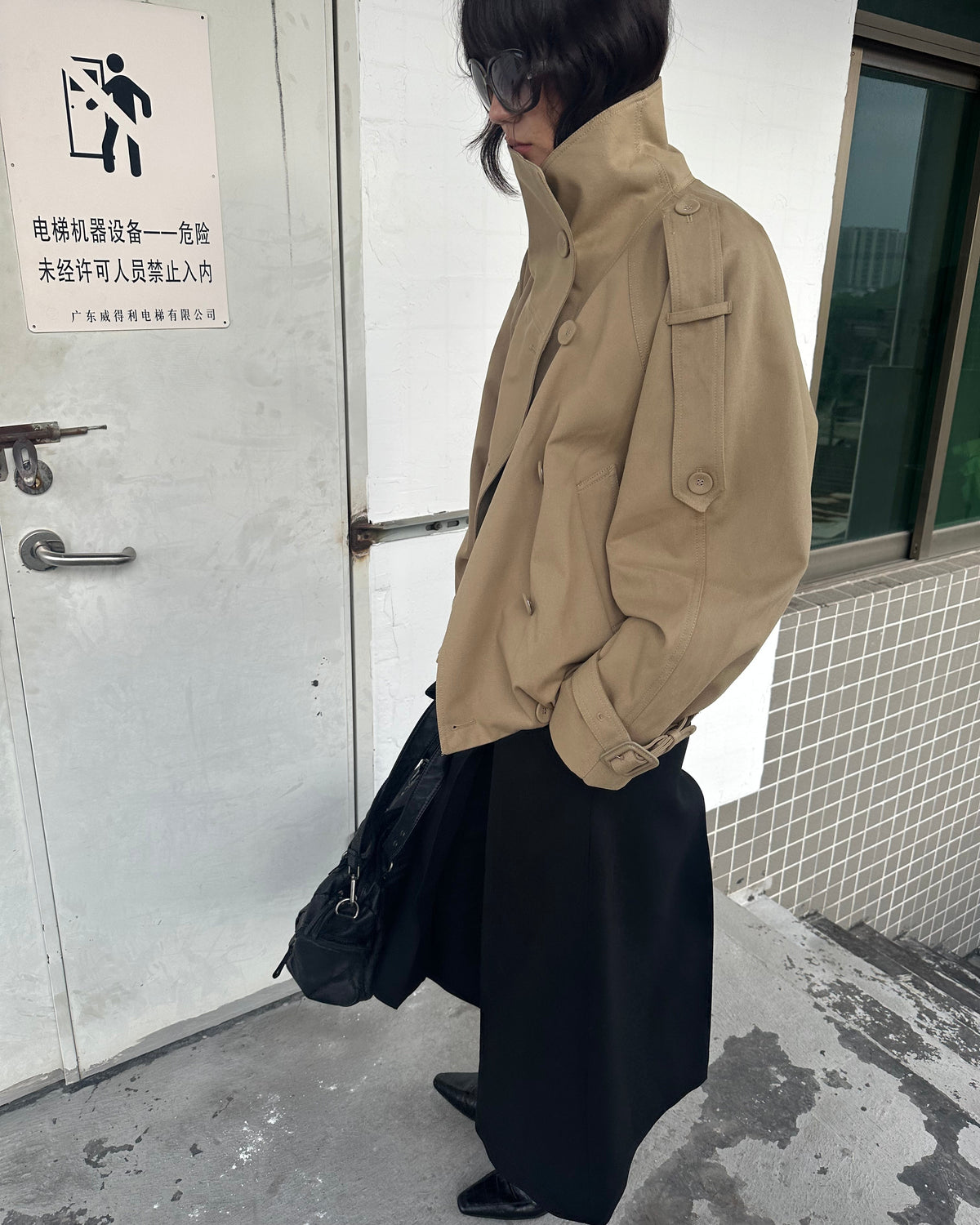 Vintage High-Neck Cropped Trench Jacket