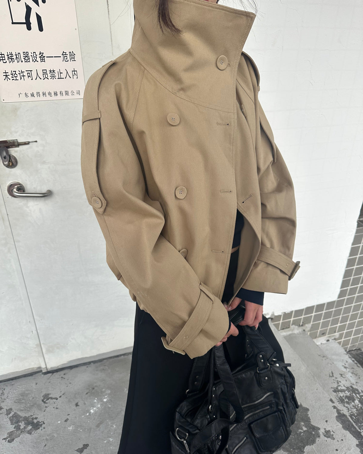Vintage High-Neck Cropped Trench Jacket