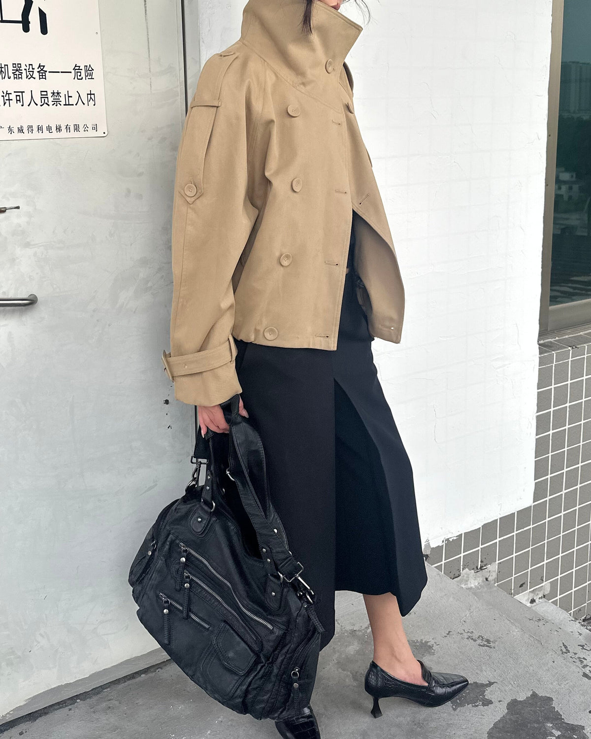 Vintage High-Neck Cropped Trench Jacket