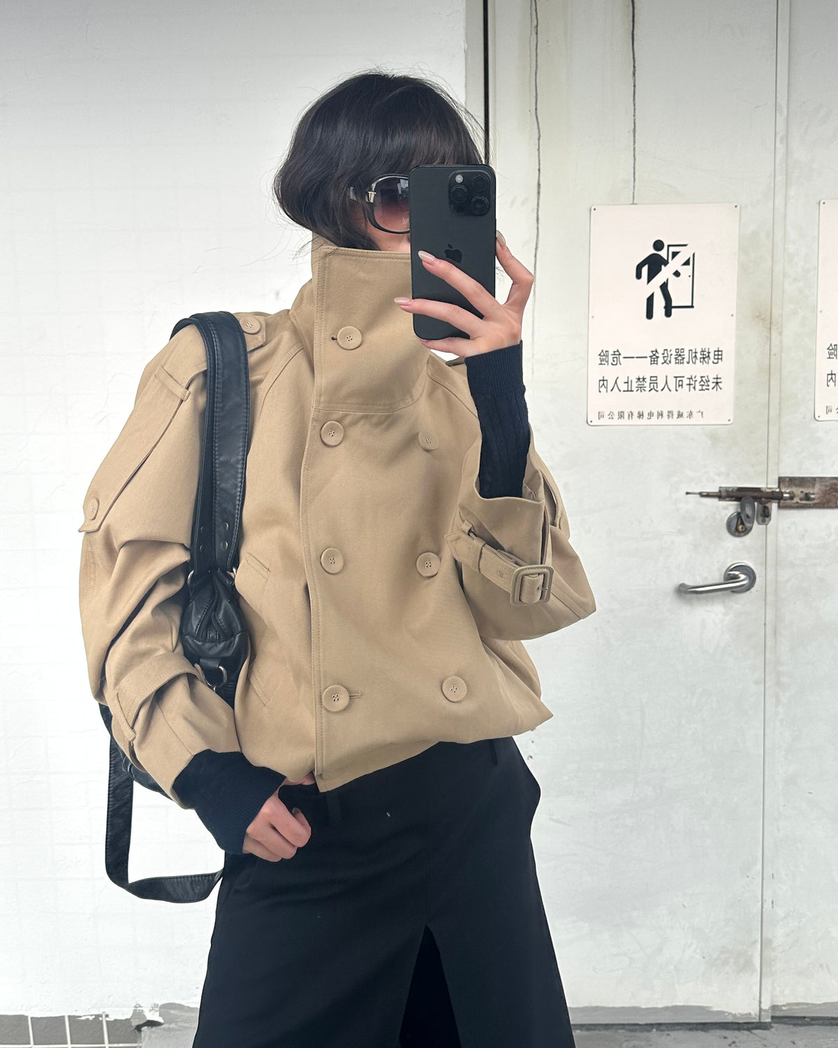 Vintage High-Neck Cropped Trench Jacket