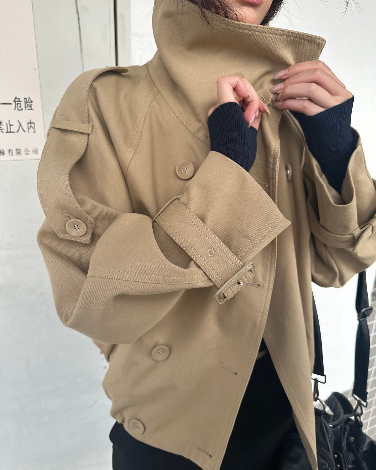 Vintage High-Neck Cropped Trench Jacket