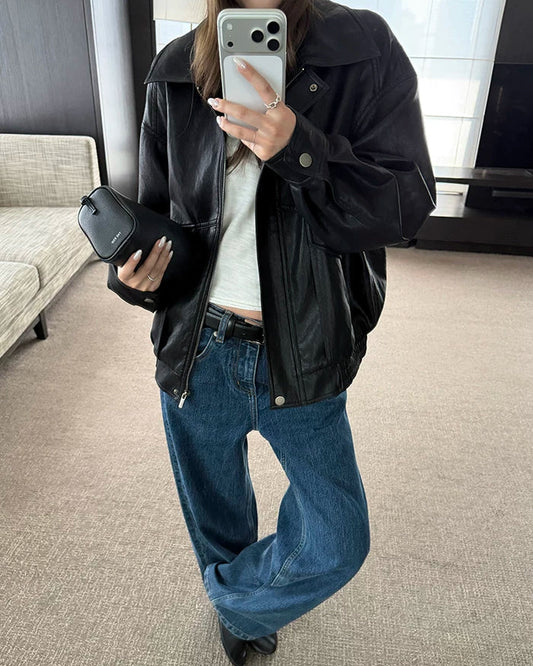 Vintage Oversized Leather-Look Jacket | Black