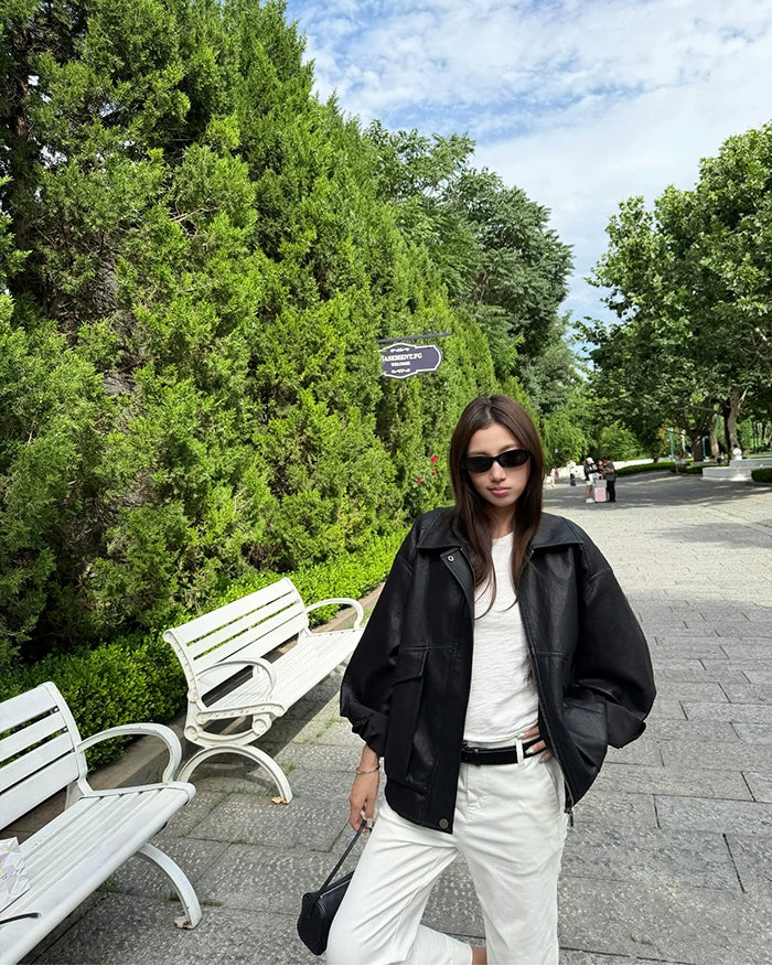 Vintage Oversized Leather-Look Jacket | Black