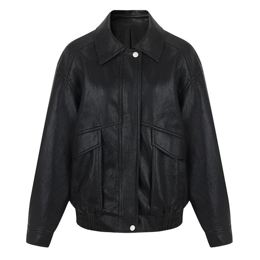 Vintage Oversized Leather-Look Jacket | Black