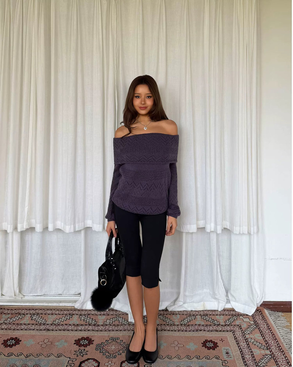 Vintage Purple Off-Shoulder Pointelle Knit Top
