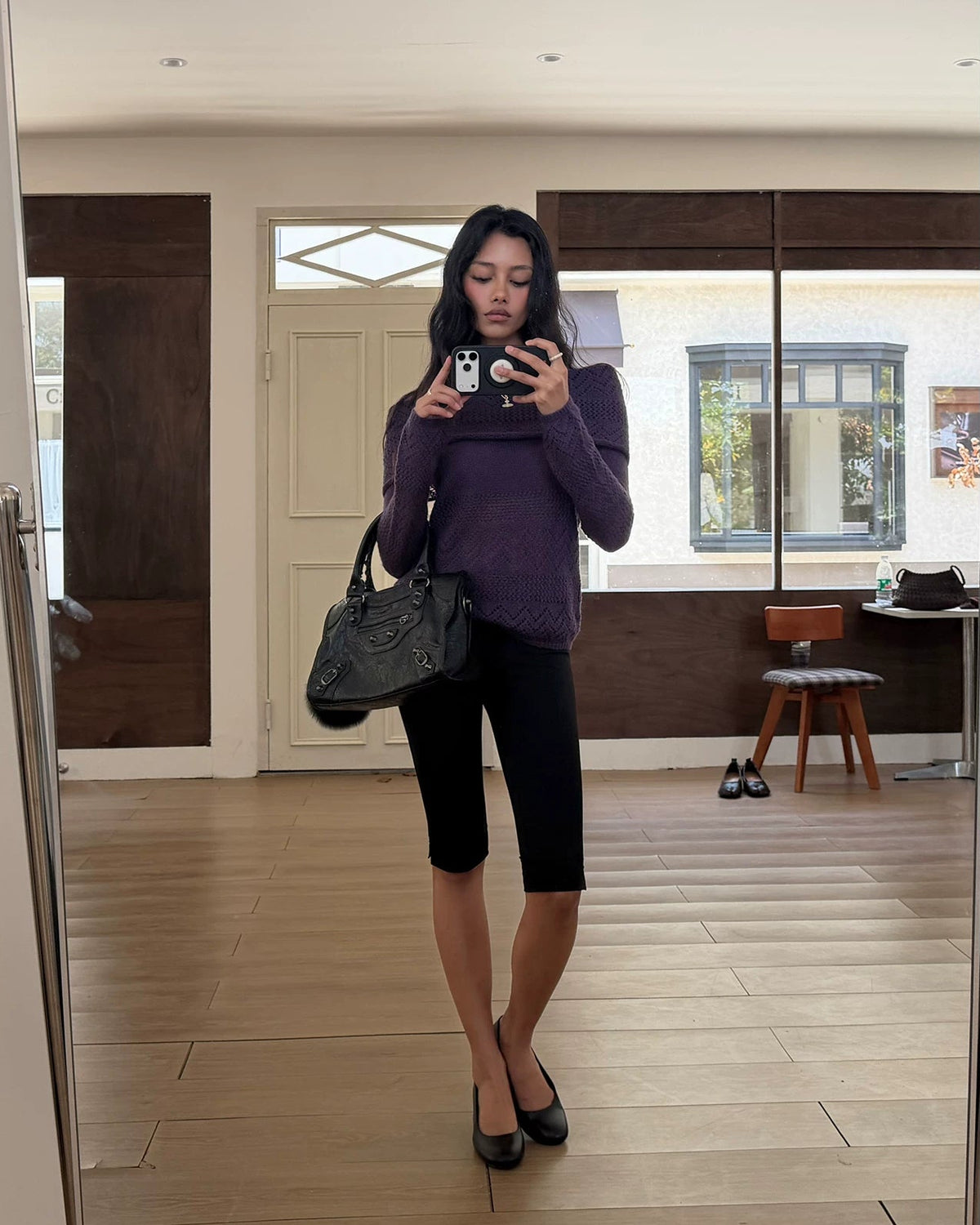 Vintage Purple Off-Shoulder Pointelle Knit Top