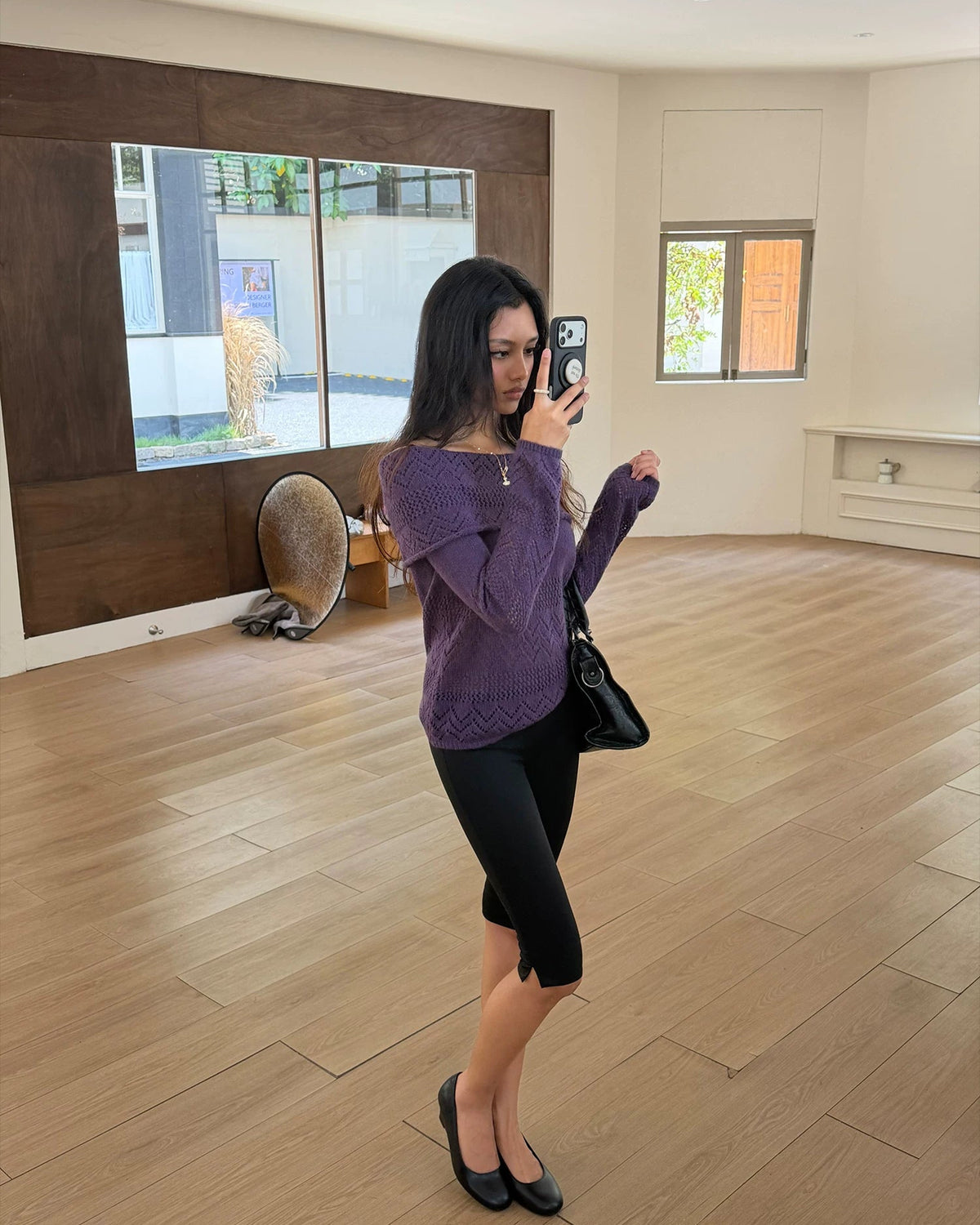 Vintage Purple Off-Shoulder Pointelle Knit Top
