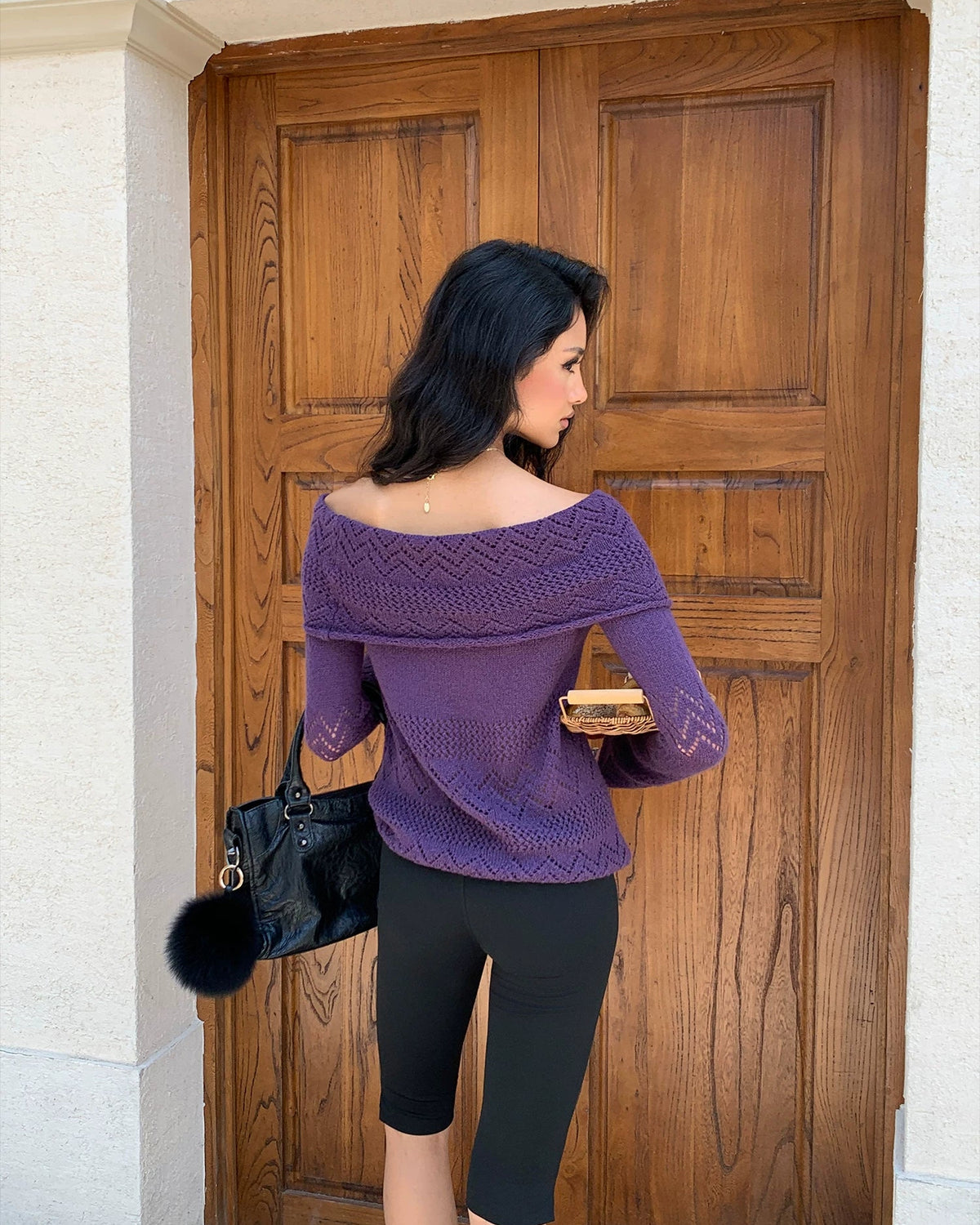 Vintage Purple Off-Shoulder Pointelle Knit Top