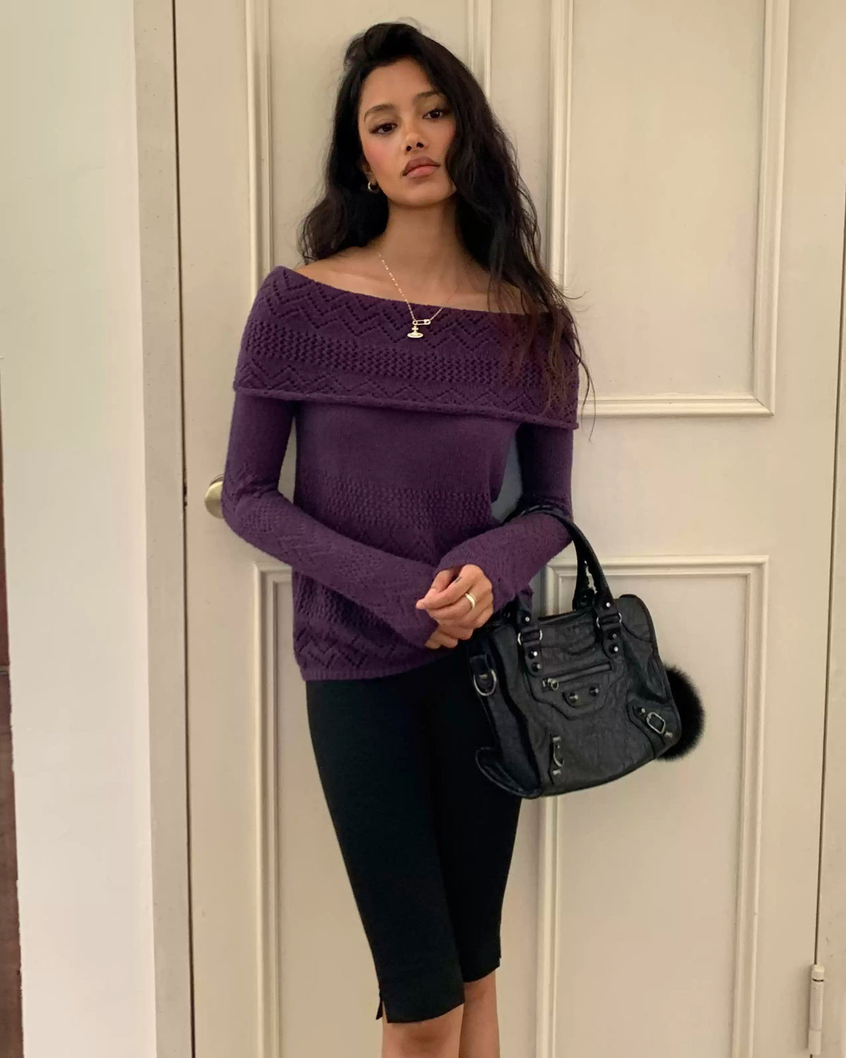 Vintage Purple Off-Shoulder Pointelle Knit Top