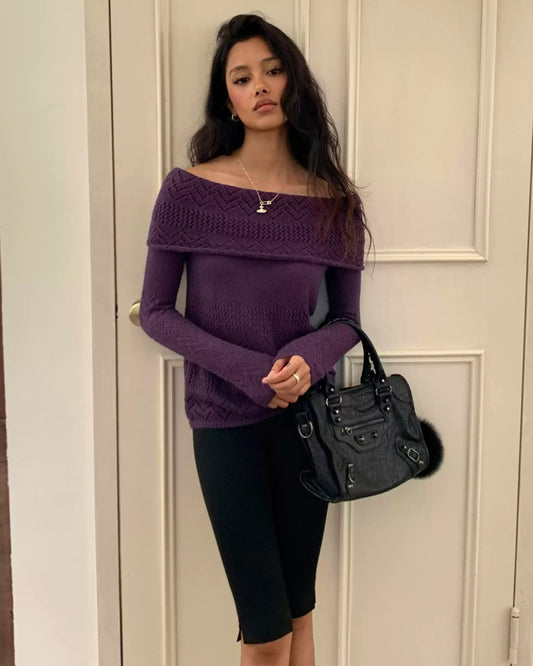 Vintage Purple Off-Shoulder Pointelle Knit Top